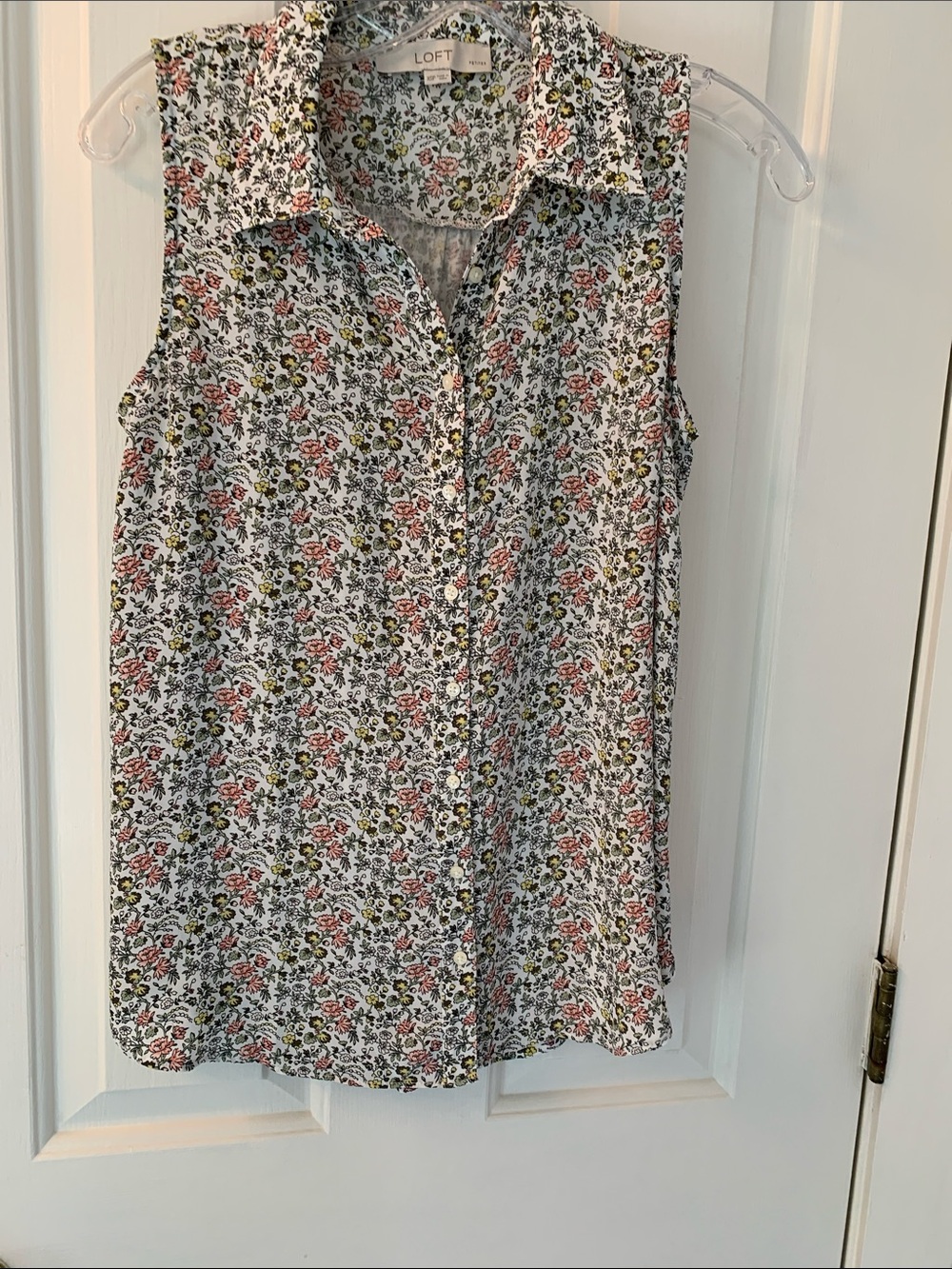 LOFT White Sleeveless Button-Front Camisole with Pink & Green Floral Print